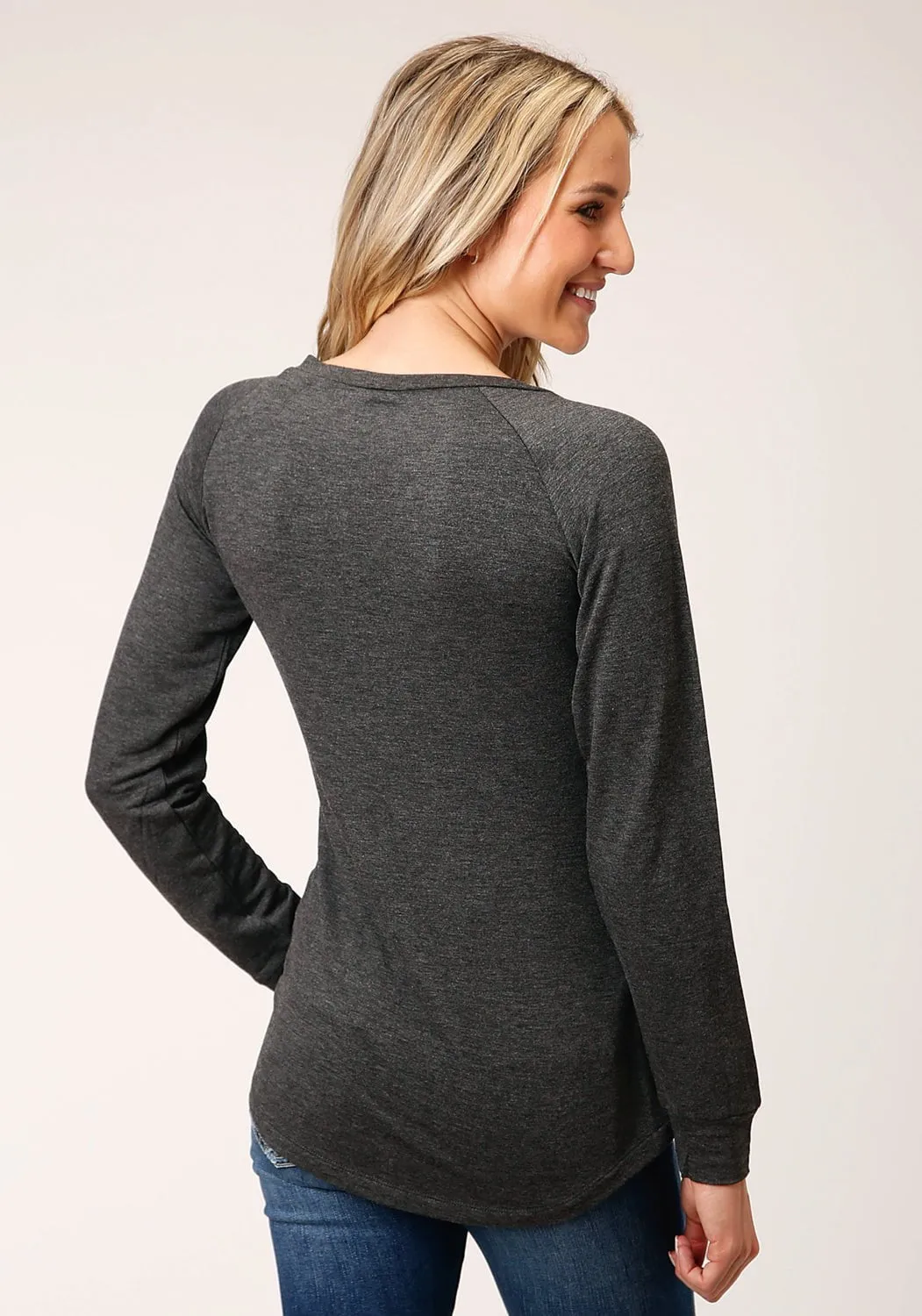 Roper Womens Charcoal Grey Poly/Rayon Horseshoe L/S T-Shirt Stay Stylish