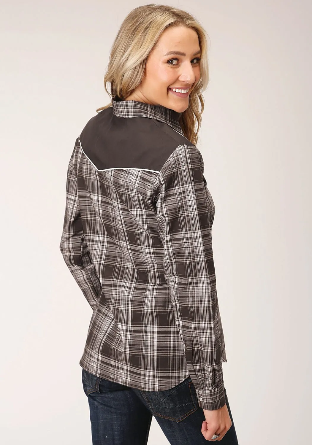 Roper Womens Chocolate/Cream Cotton Blend Fancy Plaid L/S Shirt Athlete Fit Modern Autumn Days