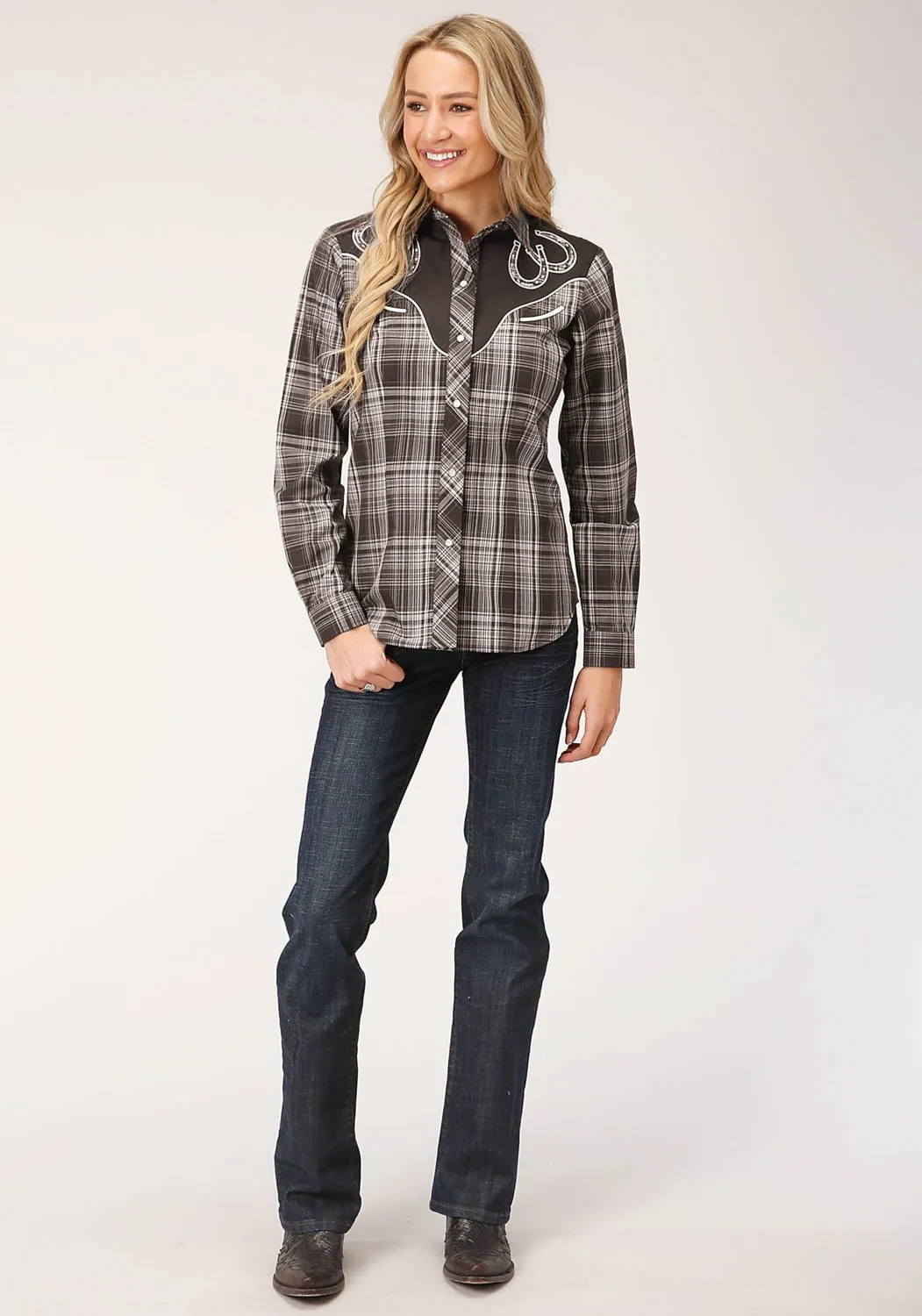 Go-To Basic Neutral Smooth Roper Womens Chocolate/Cream Cotton Blend Fancy Plaid L/S Shirt