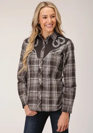 Roper Womens Chocolate/Cream Cotton Blend Fancy Plaid L/S Shirt Rugged Statement Roper Womens Chocolate/Cream Cotton Blend Fancy Plaid L/S Shirt Universal Fit Sizing Minimalist Night Out Smooth