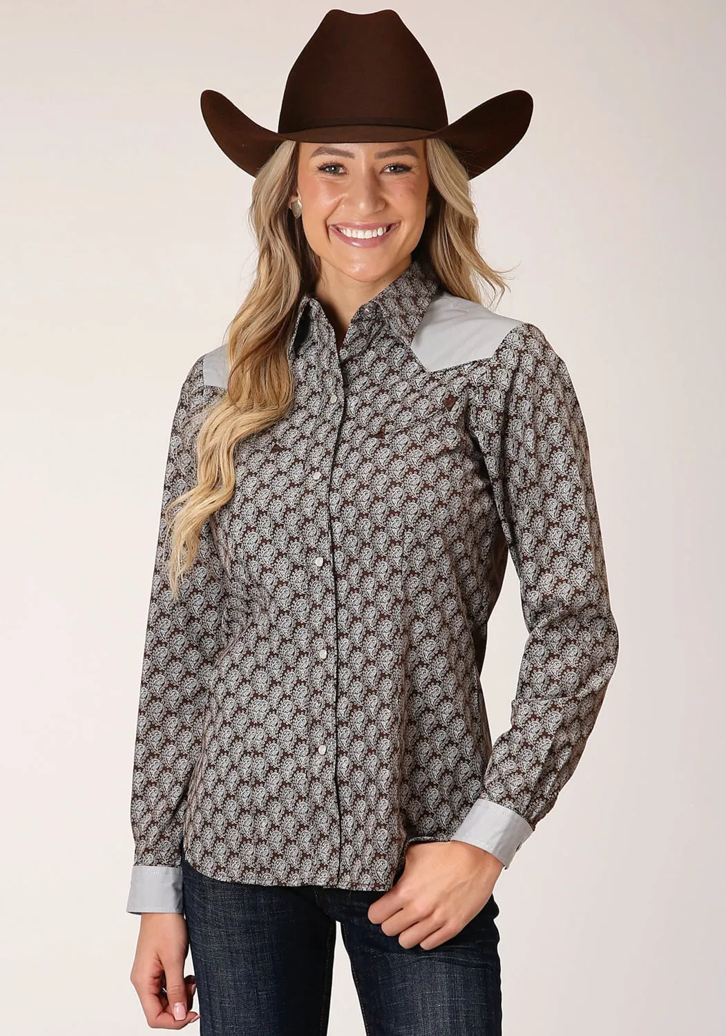 Roper Womens Chocolate/Cream Cotton Blend Teardrop L/S Shirt High-Quality Fabric