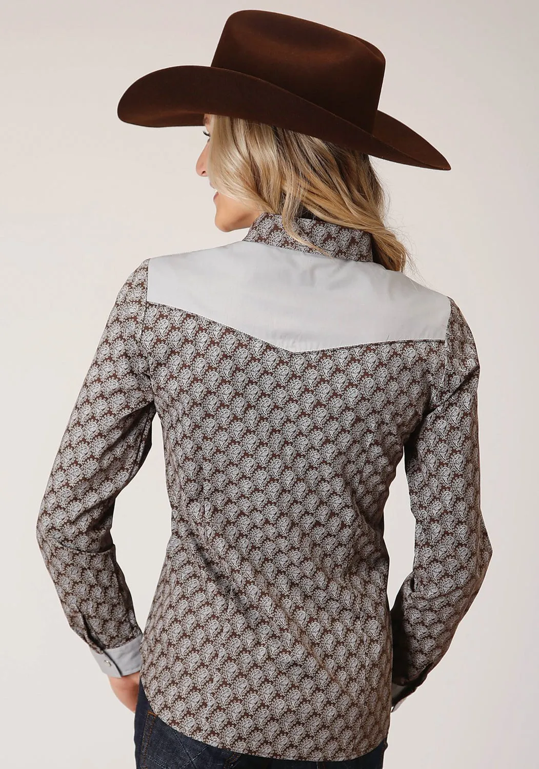 Premium Professional Wear Unisex Wear Roper Womens Chocolate/Cream Cotton Blend Teardrop L/S Shirt