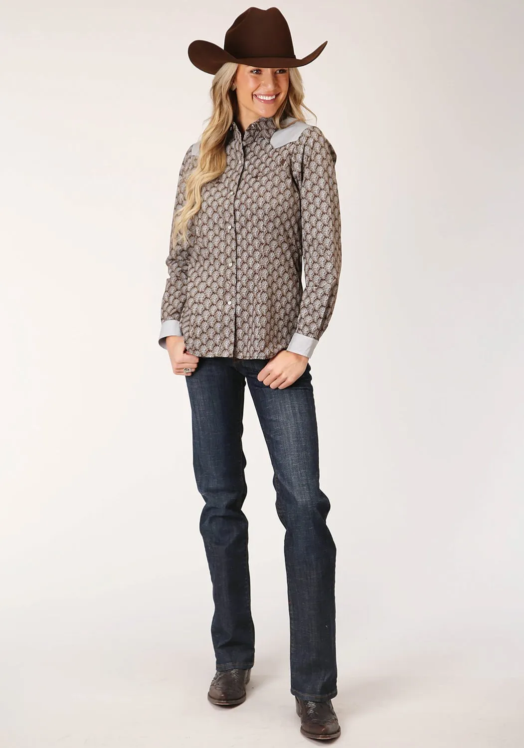 Roper Womens Chocolate/Cream Cotton Blend Teardrop L/S Shirt Classic Wear Party Look