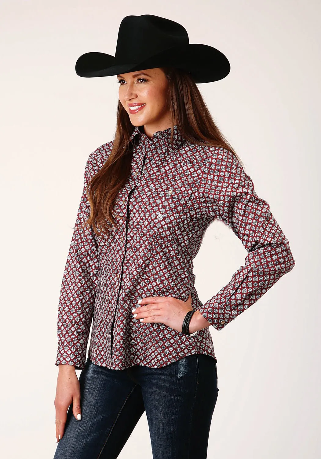 Vibrant Colors Roper Womens Classic Foulard Wine/Blue 100% Cotton L/S Shirt