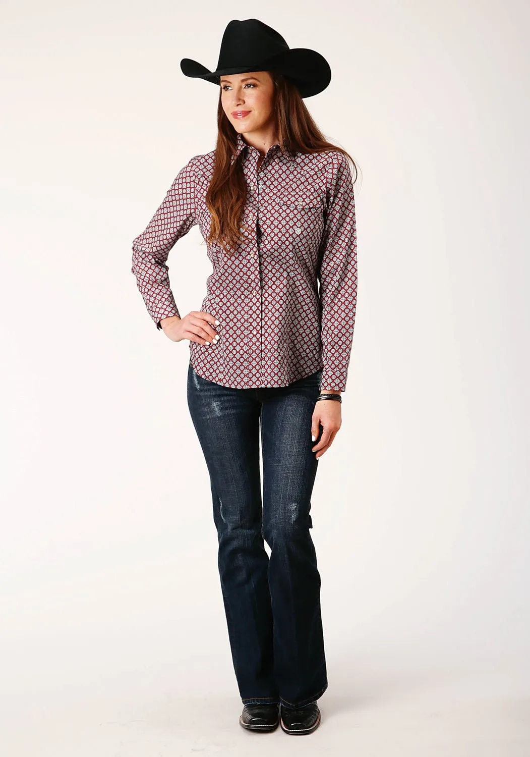 Roper Womens Classic Foulard Wine/Blue 100% Cotton L/S Shirt Evening Elegance Active Layering
