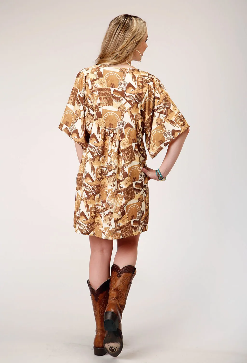 Roper Womens Collage Peasant Brown 100% Rayon S/S Dress Motion Ease