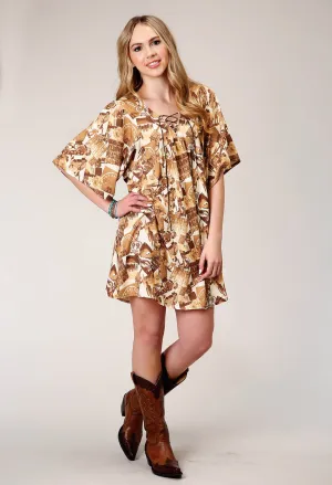 Roper Womens Collage Peasant Brown 100% Rayon S/S Dress Premium Texture Weekend Getaway Trend Setter City Walk Comfy Weekend Getaway Roper Womens Collage Peasant Brown 100% Rayon S/S Dress