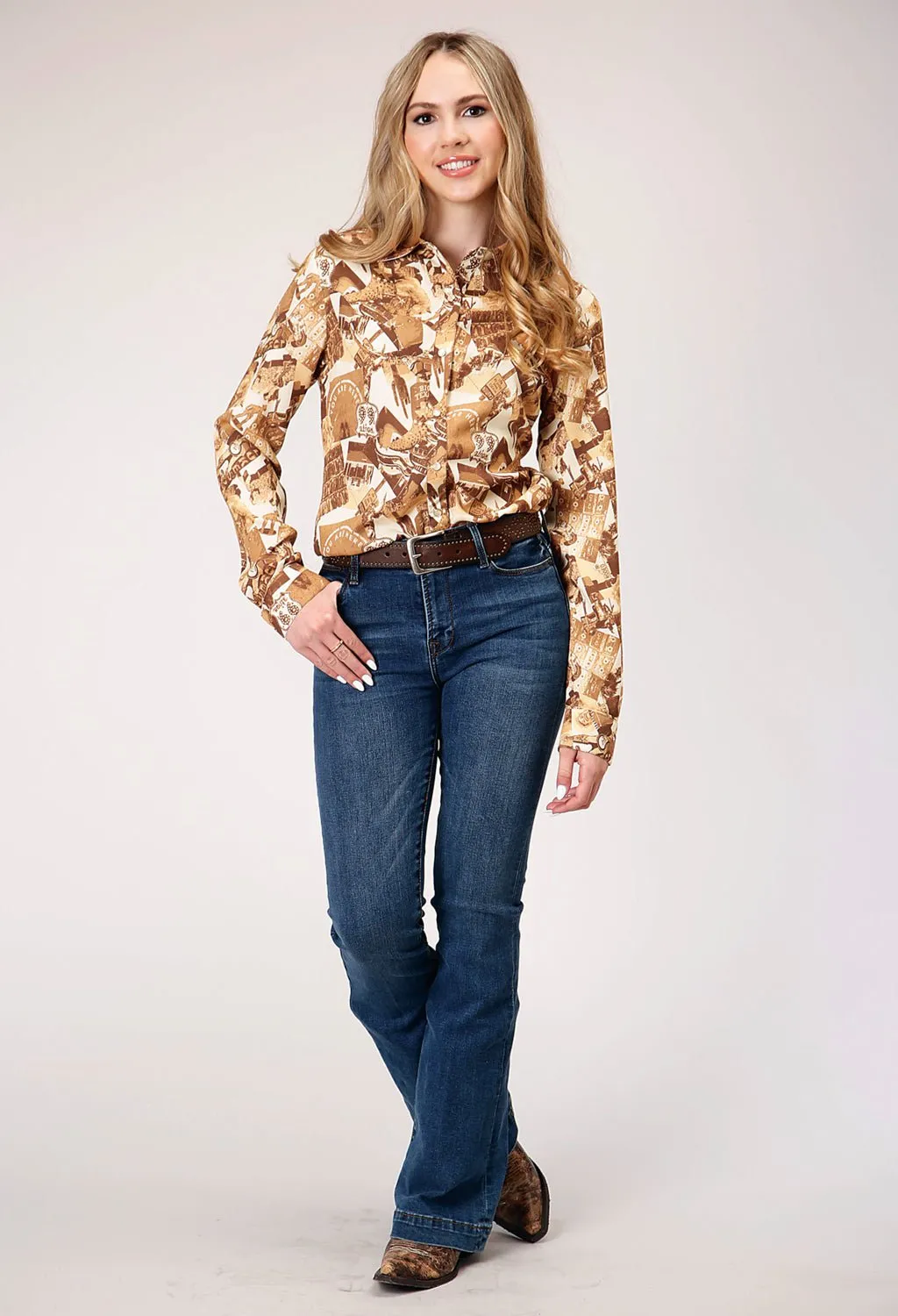 Abrasion Resistant Edging Timeless Design Roper Womens Collage Print Brown 100% Rayon L/S Blouse
