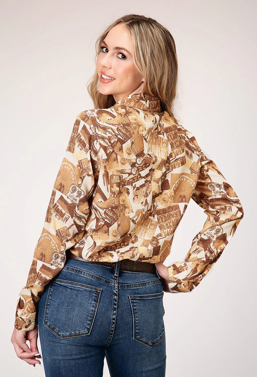 Trendy Layer Roper Womens Collage Print Brown 100% Rayon L/S Blouse