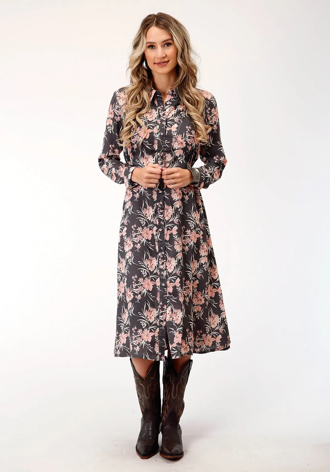 Cool Essential Roper Womens Coral Floral Grey Rayon/Nylon L/S Dress
