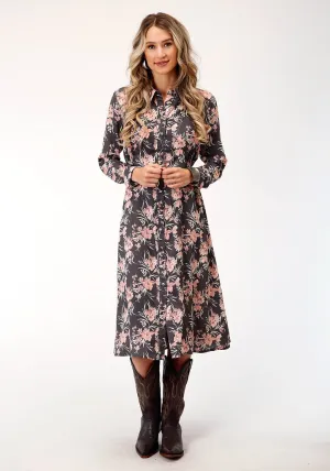 Roper Womens Coral Floral Grey Rayon/Nylon L/S Dress Trend Fit Cool Essential Roper Womens Coral Floral Grey Rayon/Nylon L/S Dress