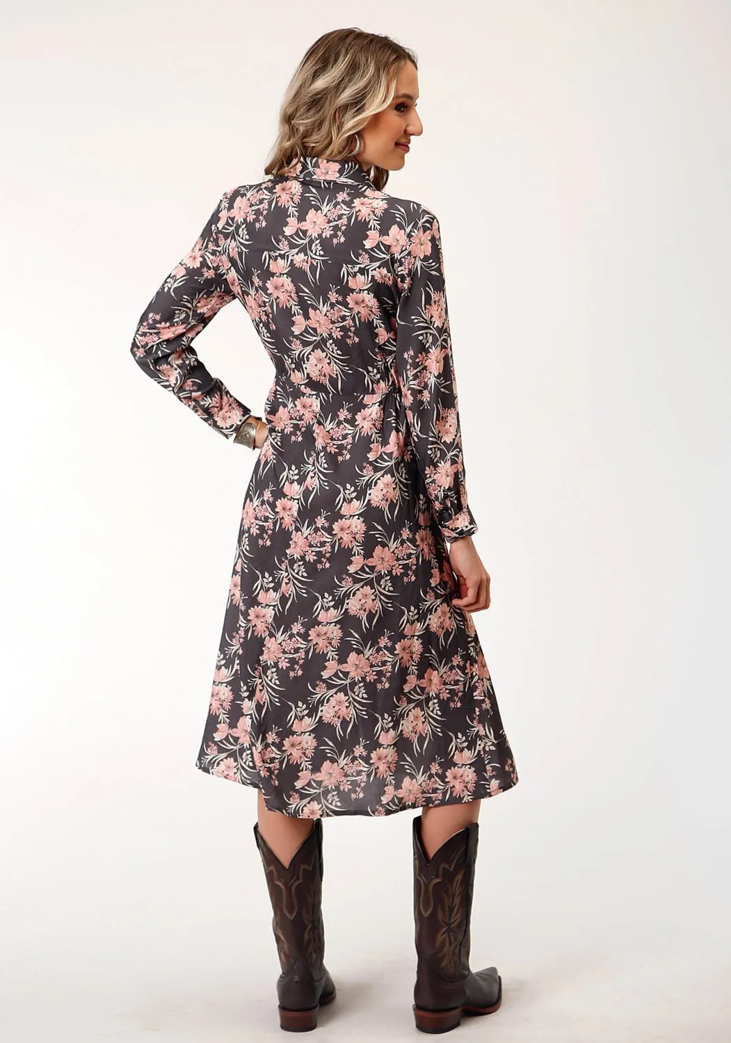 Smooth Style Active Touch Roper Womens Coral Floral Grey Rayon/Nylon L/S Dress