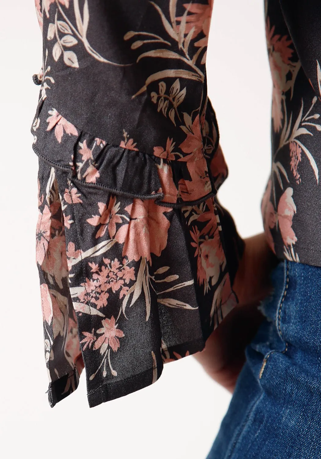 Roper Womens Coral Floral Grey Rayon/Nylon L/S Tunic Petite Cut Interview Ready