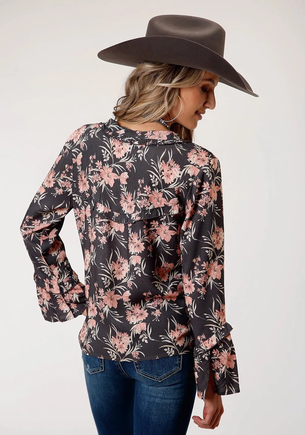 Roper Womens Coral Floral Grey Rayon/Nylon L/S Tunic Embroidered Detail Camping Essential