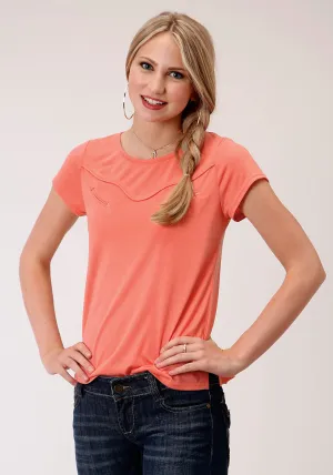 Roper Womens Coral Red Poly/Rayon Curved Yoke S/S T-Shirt Soft Fabric Roper Womens Coral Red Poly/Rayon Curved Yoke S/S T-Shirt Metallic Finish