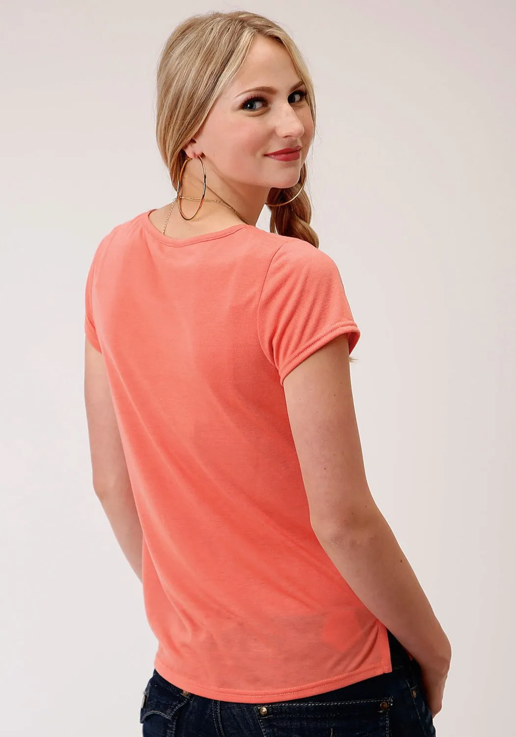Casual Day Roper Womens Coral Red Poly/Rayon Curved Yoke S/S T-Shirt