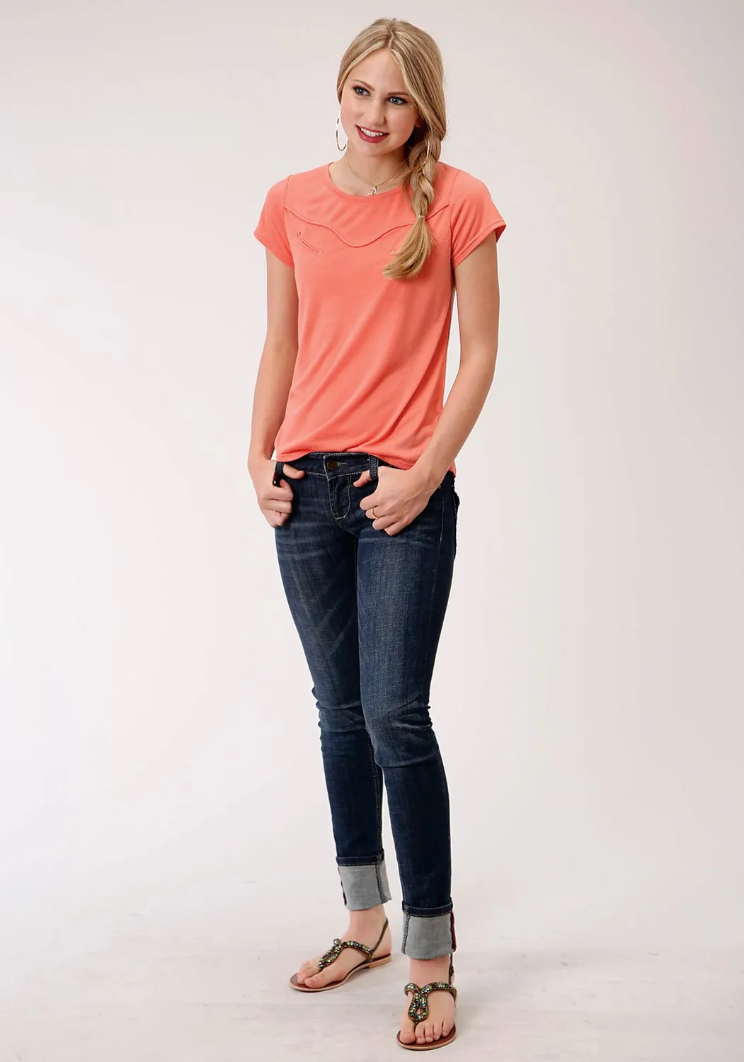 Active Comfort Roper Womens Coral Red Poly/Rayon Curved Yoke S/S T-Shirt