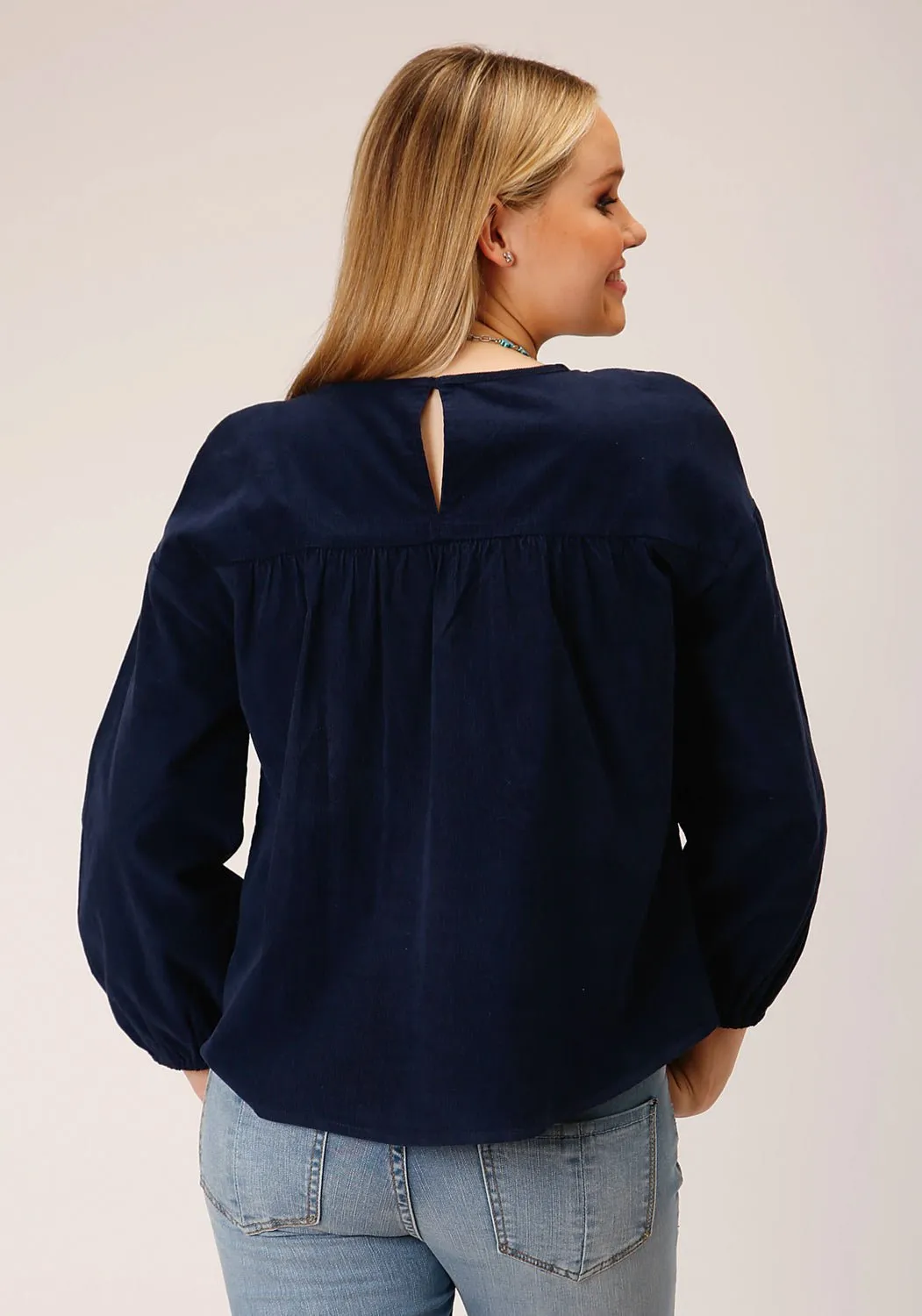 Roper Womens Corduroy Velour Navy 100% Cotton L/S Blouse EasyCare Fabric