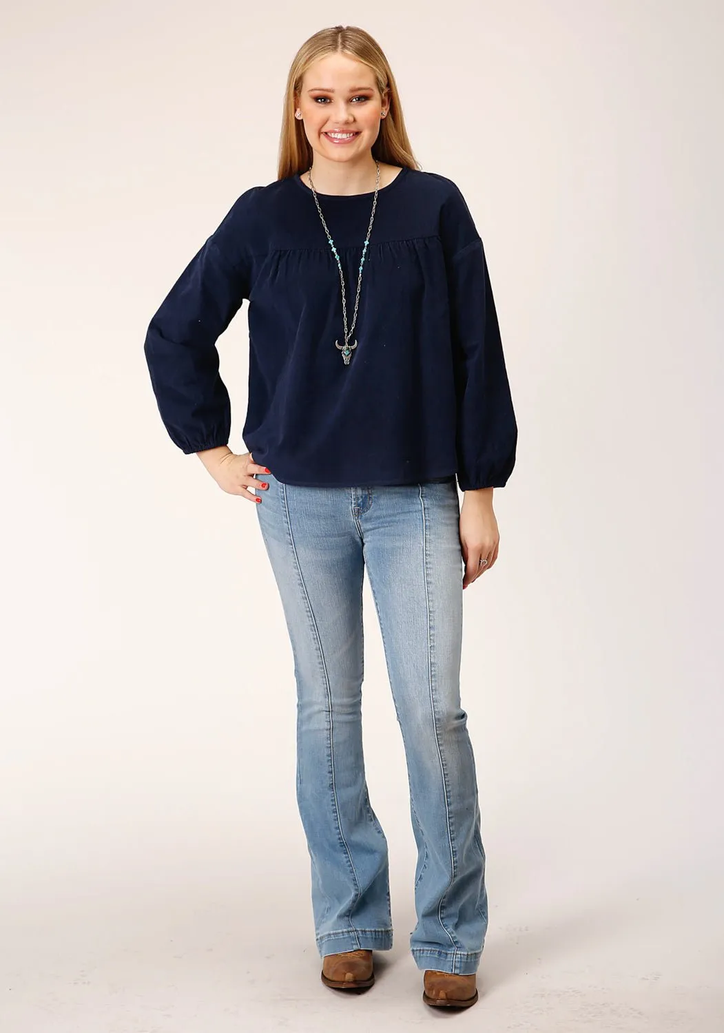 Roper Womens Corduroy Velour Navy 100% Cotton L/S Blouse Relaxed Vibe