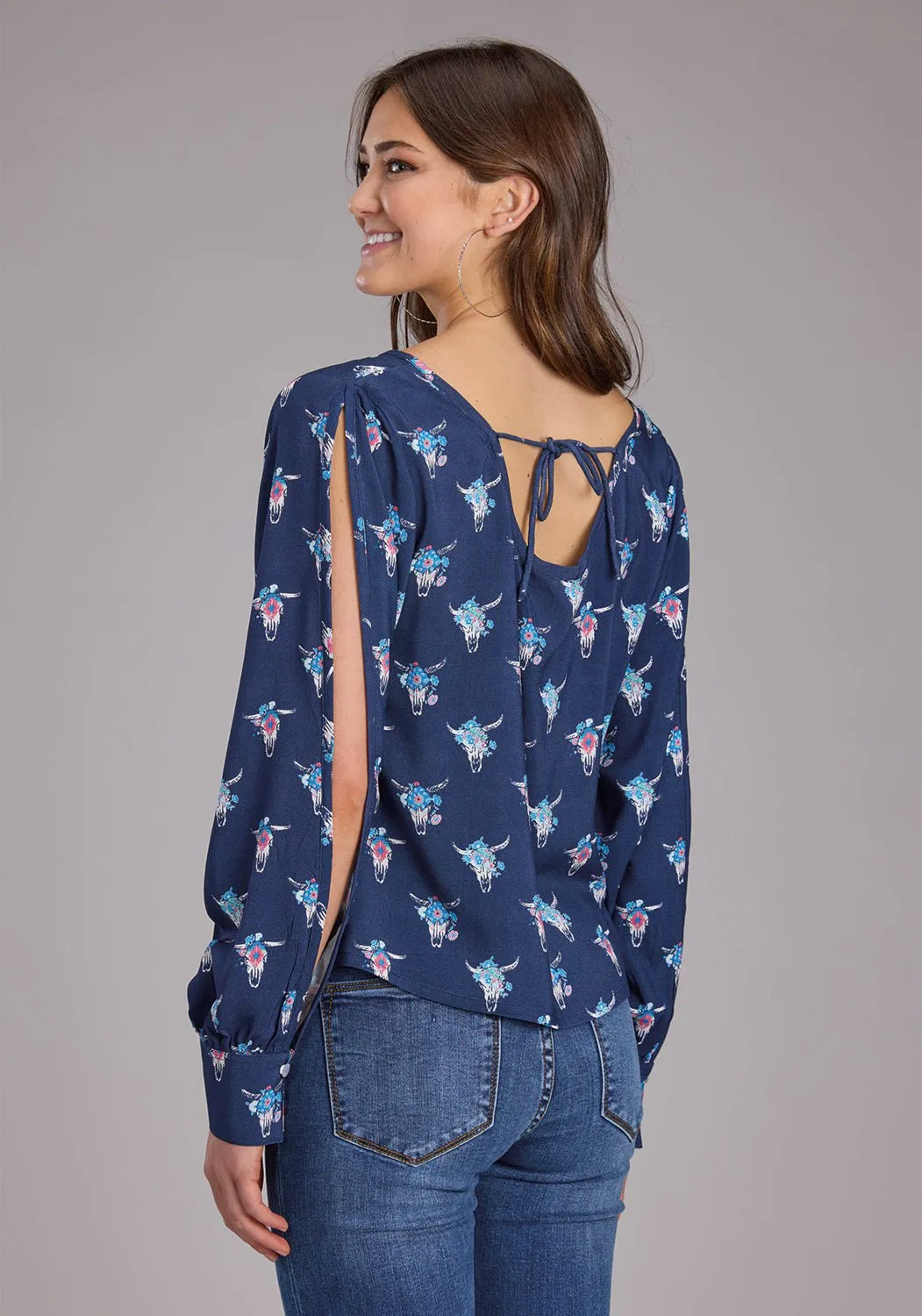 All-Weather Ready Roper Womens Cow Skulls Swing Blue 100% Rayon L/S Blouse
