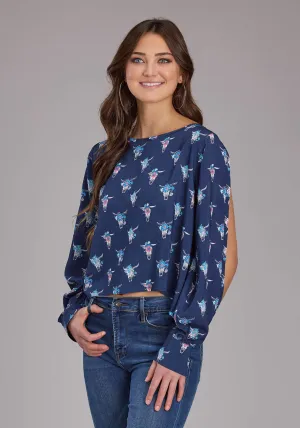 Roper Womens Cow Skulls Swing Blue 100% Rayon L/S Blouse Eco Friendly Dyes Roper Womens Cow Skulls Swing Blue 100% Rayon L/S Blouse Contemporary Style