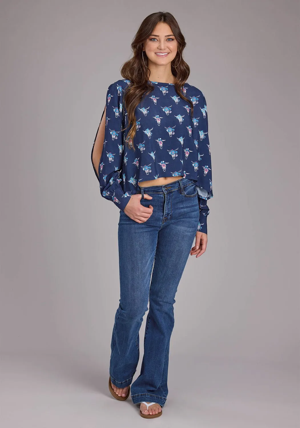 Roper Womens Cow Skulls Swing Blue 100% Rayon L/S Blouse Seasonal Trend Thermal regulation