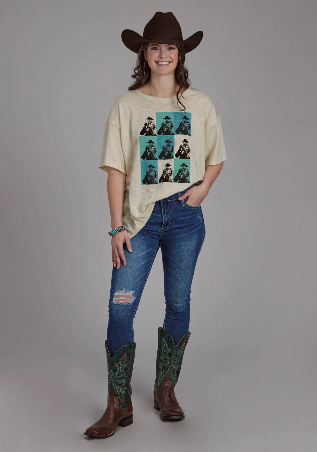 Oversized style Zip Front Roper Womens Cowboy Panels Cream 100% Cotton S/S T-Shirt