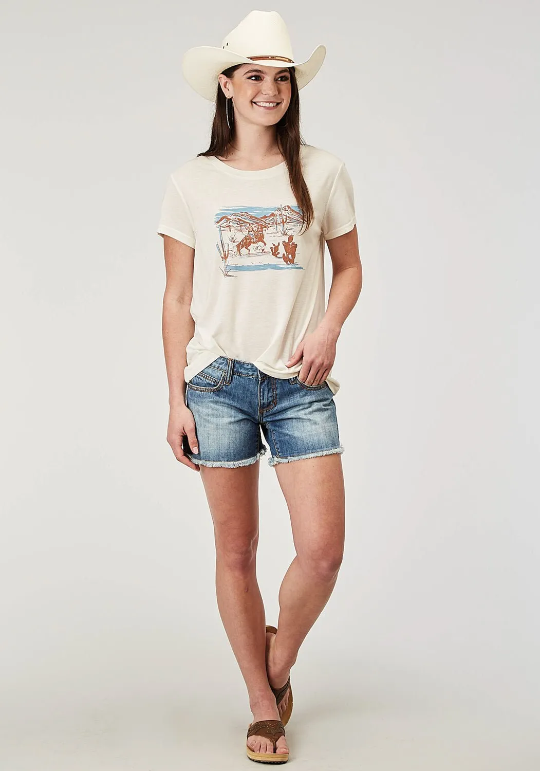 Roper Womens Cowboy Scene Cream Poly/Cotton S/S T-Shirt Runway Inspired