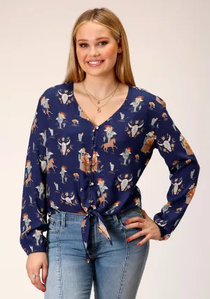 Roper Womens Cowboy Toile Blue Rayon/Nylon L/S Blouse Cool Colors No Slip Shoulder Grip Roper Womens Cowboy Toile Blue Rayon/Nylon L/S Blouse