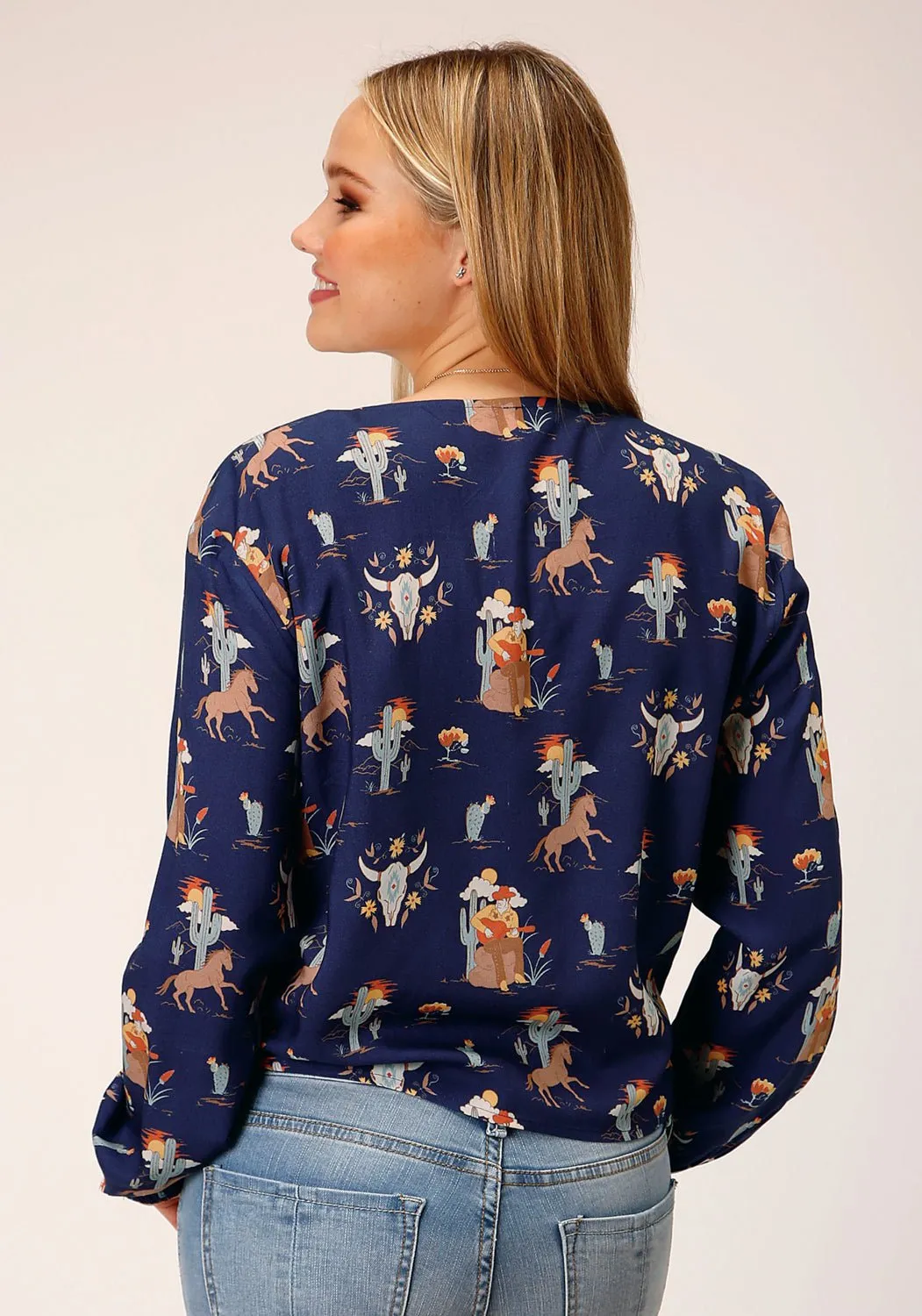 Roper Womens Cowboy Toile Blue Rayon/Nylon L/S Blouse Corporate Event Conference Appropriate