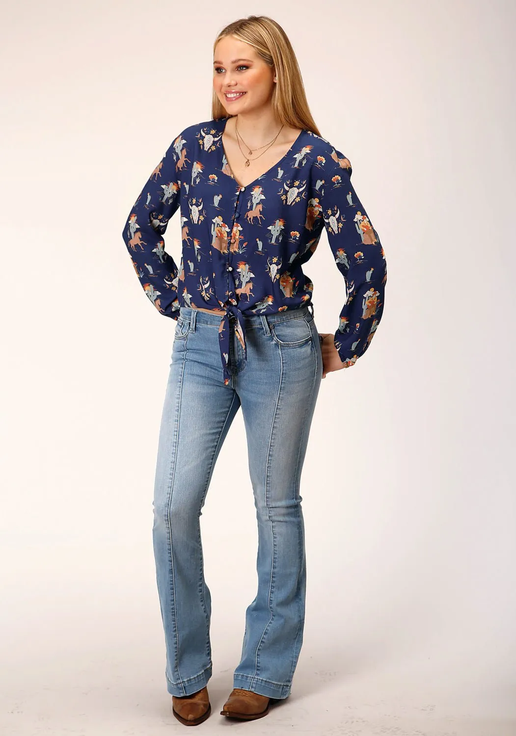 Sustainable Choice Perfect Fit Roper Womens Cowboy Toile Blue Rayon/Nylon L/S Blouse