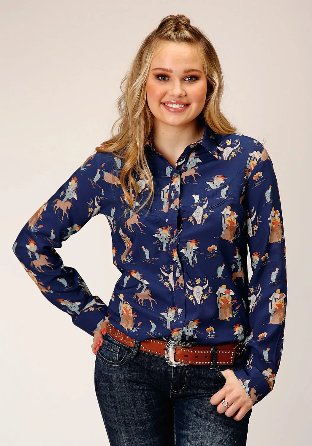 Roper Womens Cowboy Toile Blue Rayon/Nylon L/S Shirt bohemian flair Classic Collar