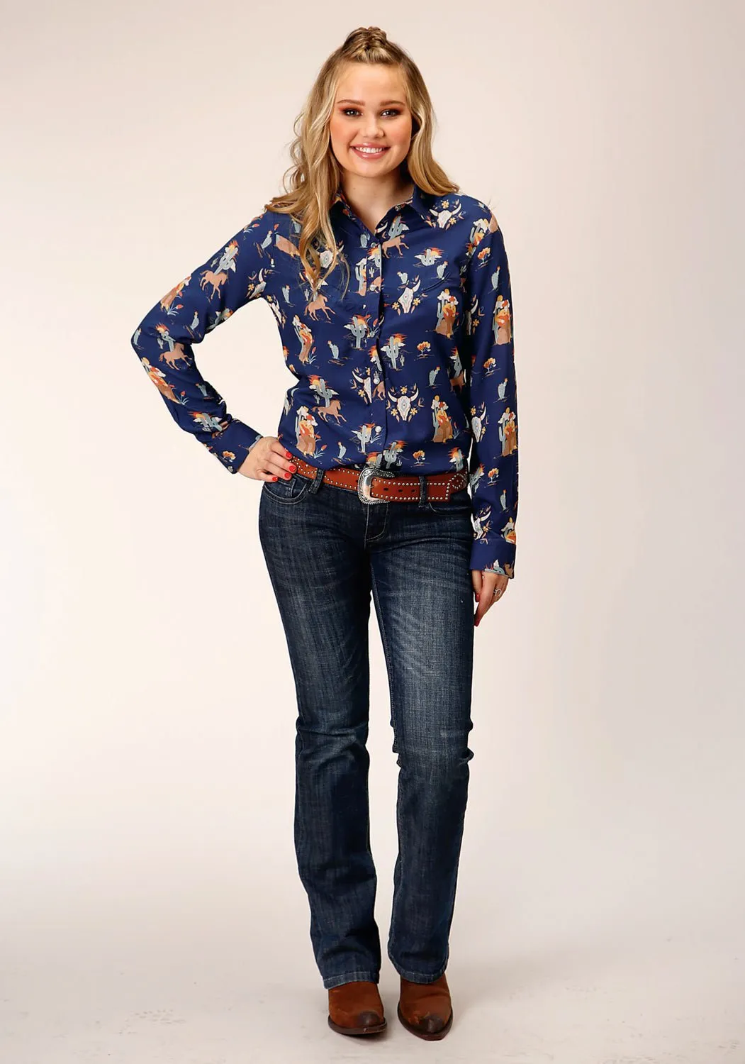 Layered Design Roper Womens Cowboy Toile Blue Rayon/Nylon L/S Shirt