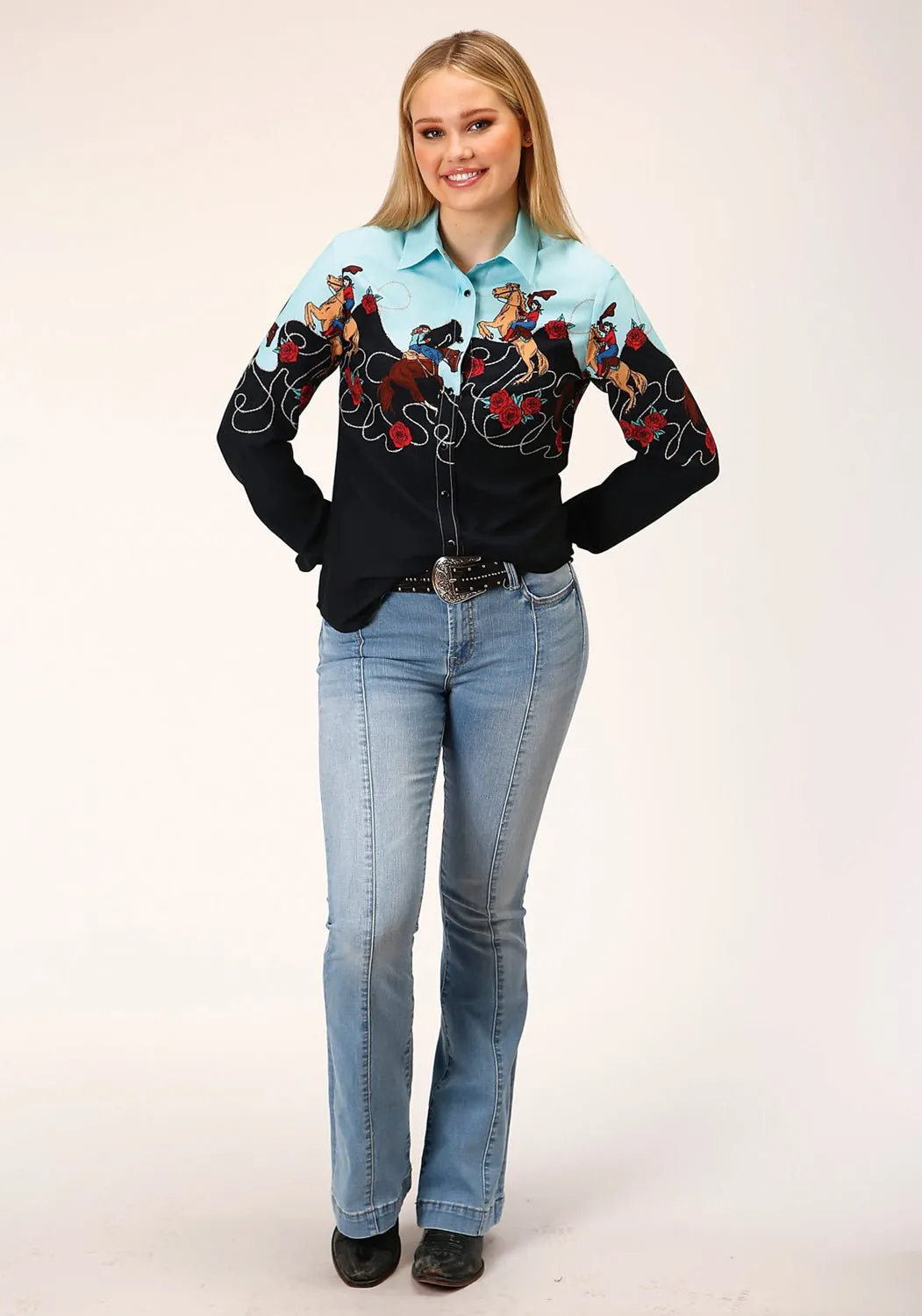Non Irritating Seams Weekend Style Roper Womens Cowgirl Border Black 100% Rayon L/S Shirt