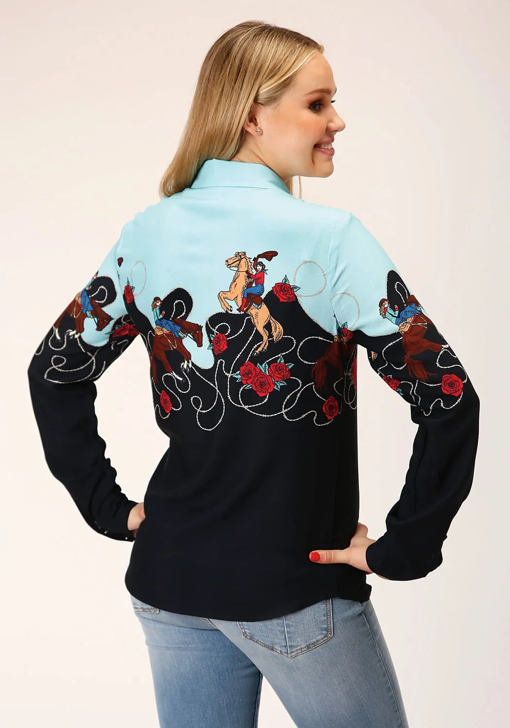 Versatile Layering Piece Roper Womens Cowgirl Border Black 100% Rayon L/S Shirt