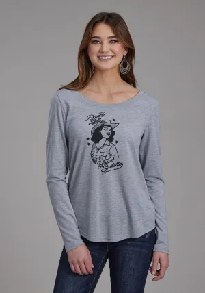 Roper Womens Cowgirl Saddle Grey Poly/Rayon L/S T-Shirt Core Comfort Classic Style Stretch Road Trip Brunch Outfit Roper Womens Cowgirl Saddle Grey Poly/Rayon L/S T-Shirt
