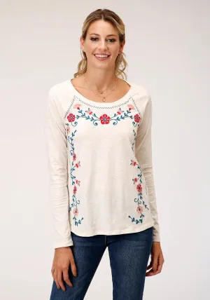 Roper Womens Cream 100% Cotton Floral Crewel L/S Embroidery T-Shirt Airy Twist Roper Womens Cream 100% Cotton Floral Crewel L/S Embroidery T-Shirt Formal Classic Wear Loose
