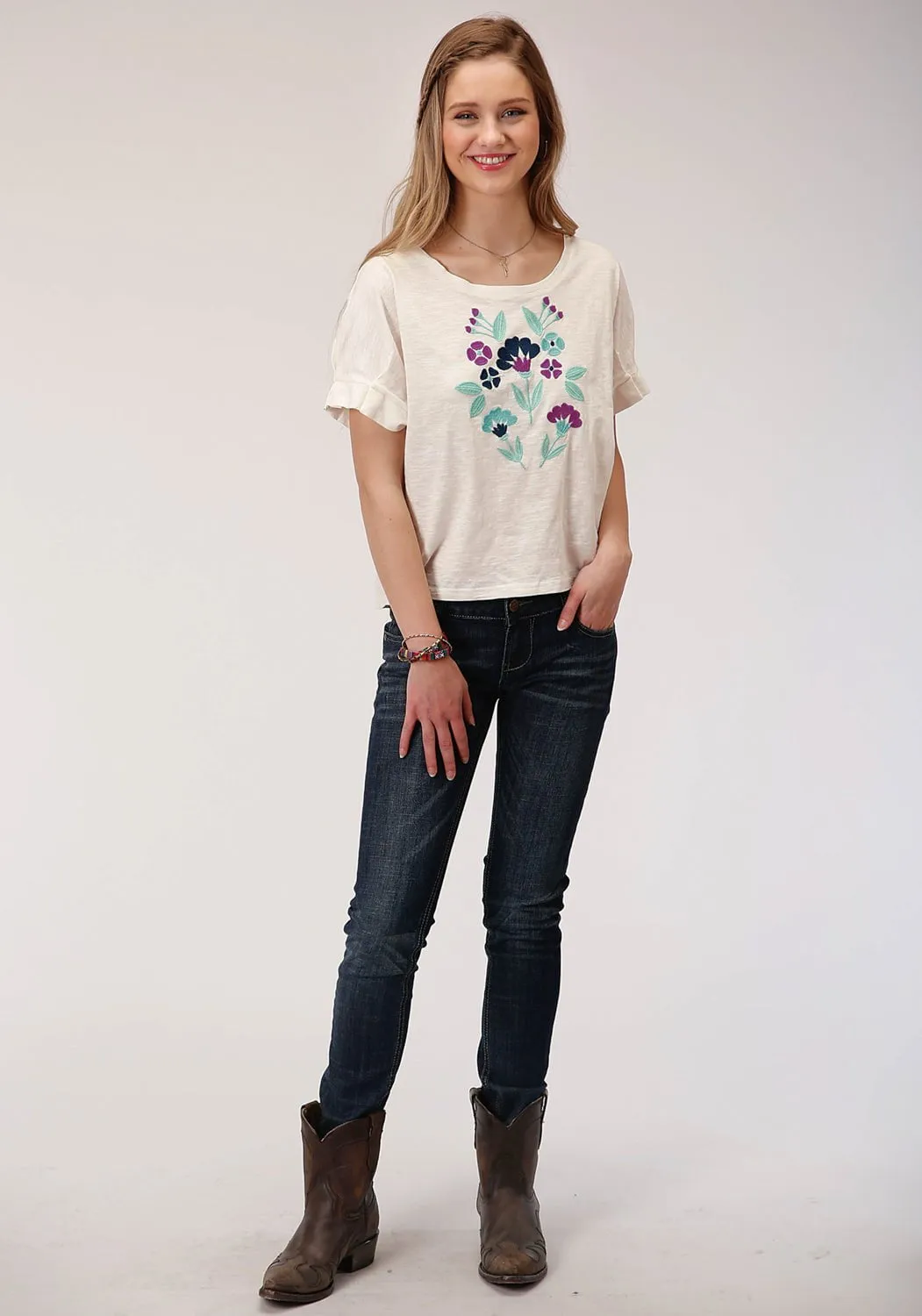 Roper Womens Cream 100% Cotton Purple Floral S/S T-Shirt shopping spree