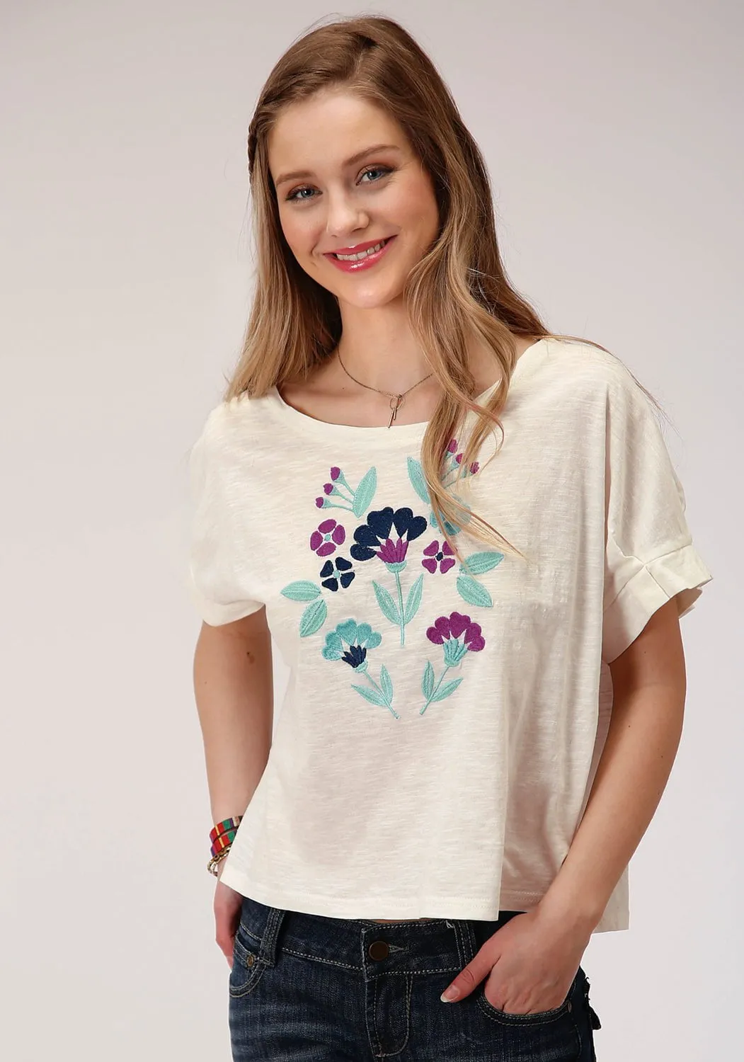 Sports Ready Roper Womens Cream 100% Cotton Purple Floral S/S T-Shirt
