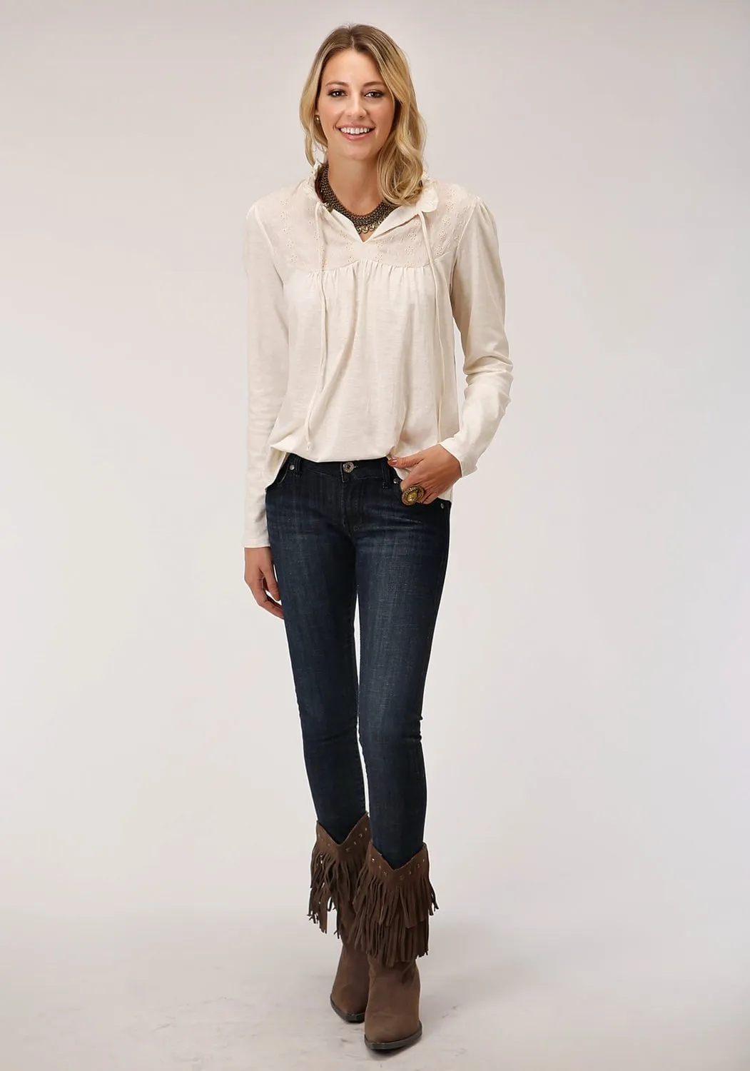 Roper Womens Cream 100% Cotton Victorian Ties L/S Blouse Effortless Layer