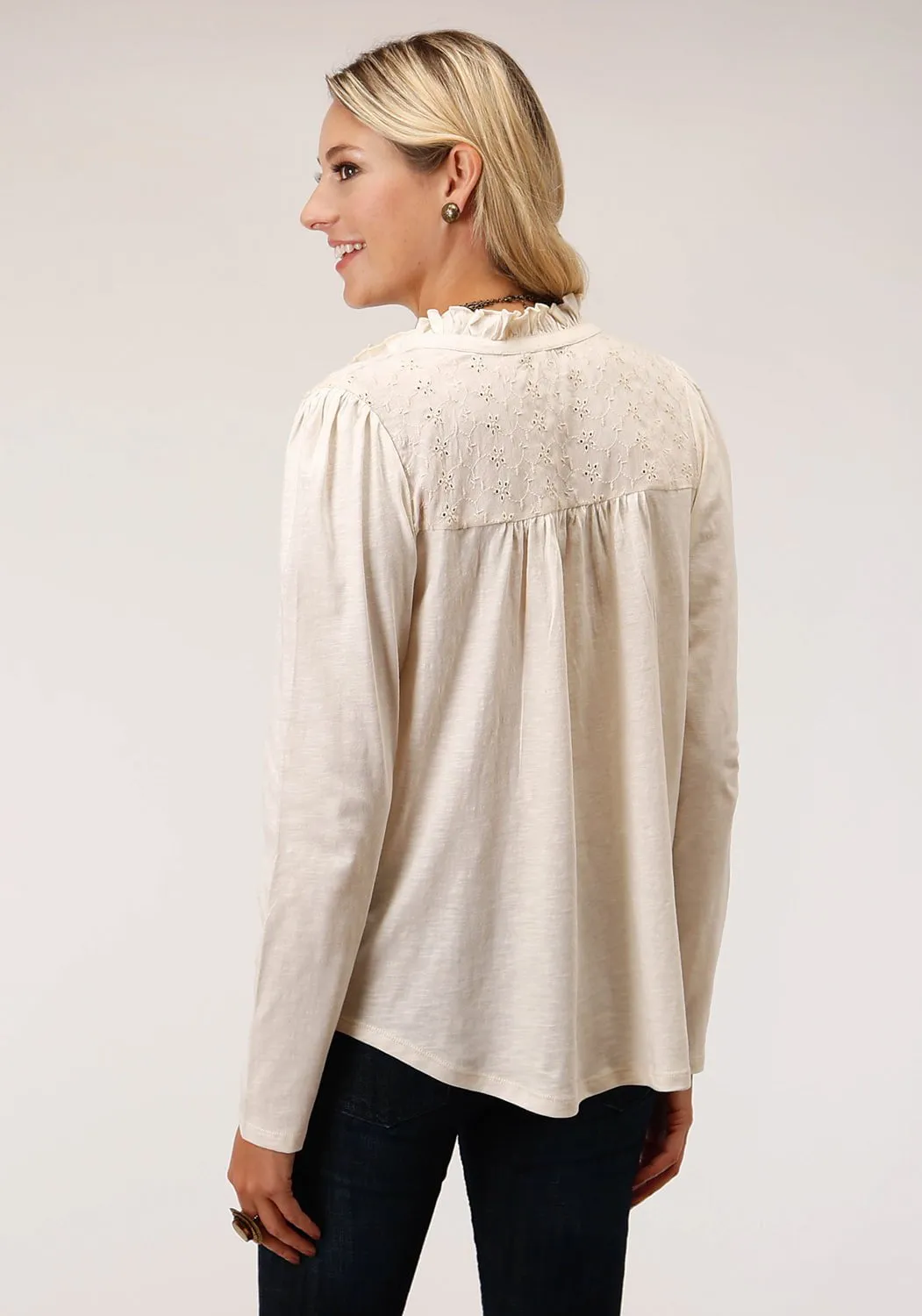 Sleek Waist Regular Look Roper Womens Cream 100% Cotton Victorian Ties L/S Blouse