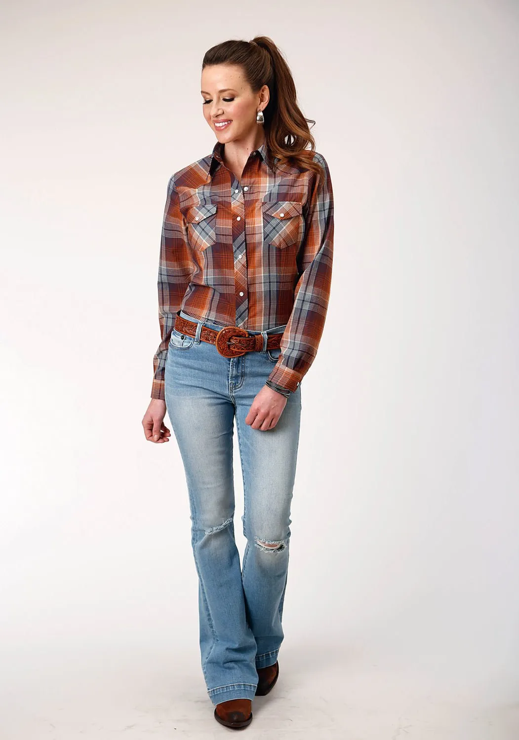 Roper Womens Cream Plaid Brown Cotton Blend L/S Shirt Asymmetrical Cut Wrinkle-Resistant