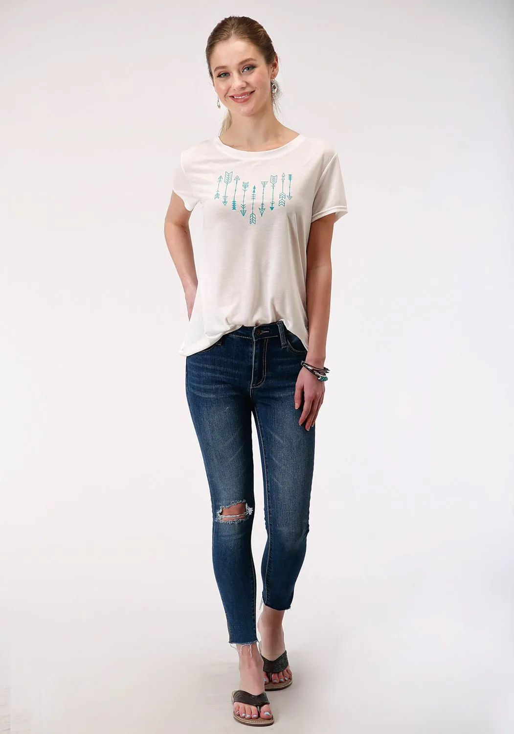 Roper Womens Cream Poly/Rayon Arrow Screenprint S/S T-Shirt Multipurpose Utility Winter Collection