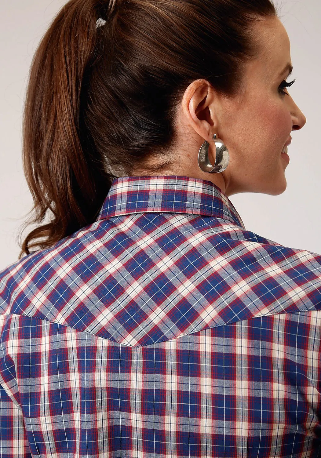 Roper Womens Cream Windowpane Blue Cotton Blend L/S Shirt Neutral Shade