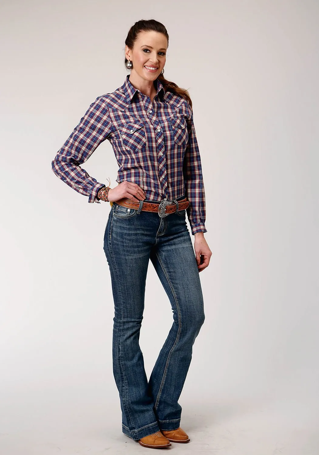 Roper Womens Cream Windowpane Blue Cotton Blend L/S Shirt Essential Layer