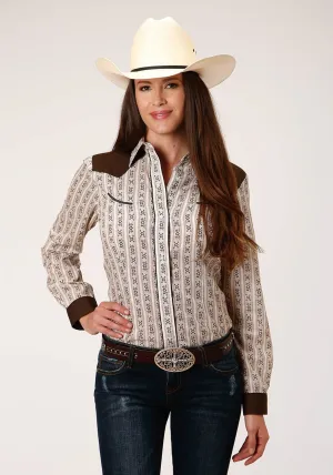 Roper Womens Cream/Brown Cotton Blend Wallpaper L/S Fancy Shirt Soft Form Outdoor Enthusiast Premium Home Comfort Roper Womens Cream/Brown Cotton Blend Wallpaper L/S Fancy Shirt