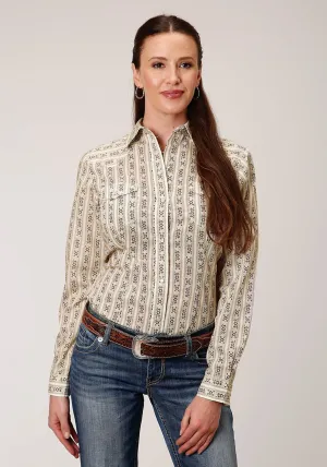 Roper Womens Cream/Brown Cotton Blend Wallpaper Stripe L/S Shirt Easy Profile Balanced Fit Subtle design Roper Womens Cream/Brown Cotton Blend Wallpaper Stripe L/S Shirt