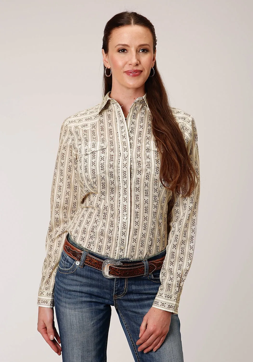 Balanced Fit Subtle design Roper Womens Cream/Brown Cotton Blend Wallpaper Stripe L/S Shirt