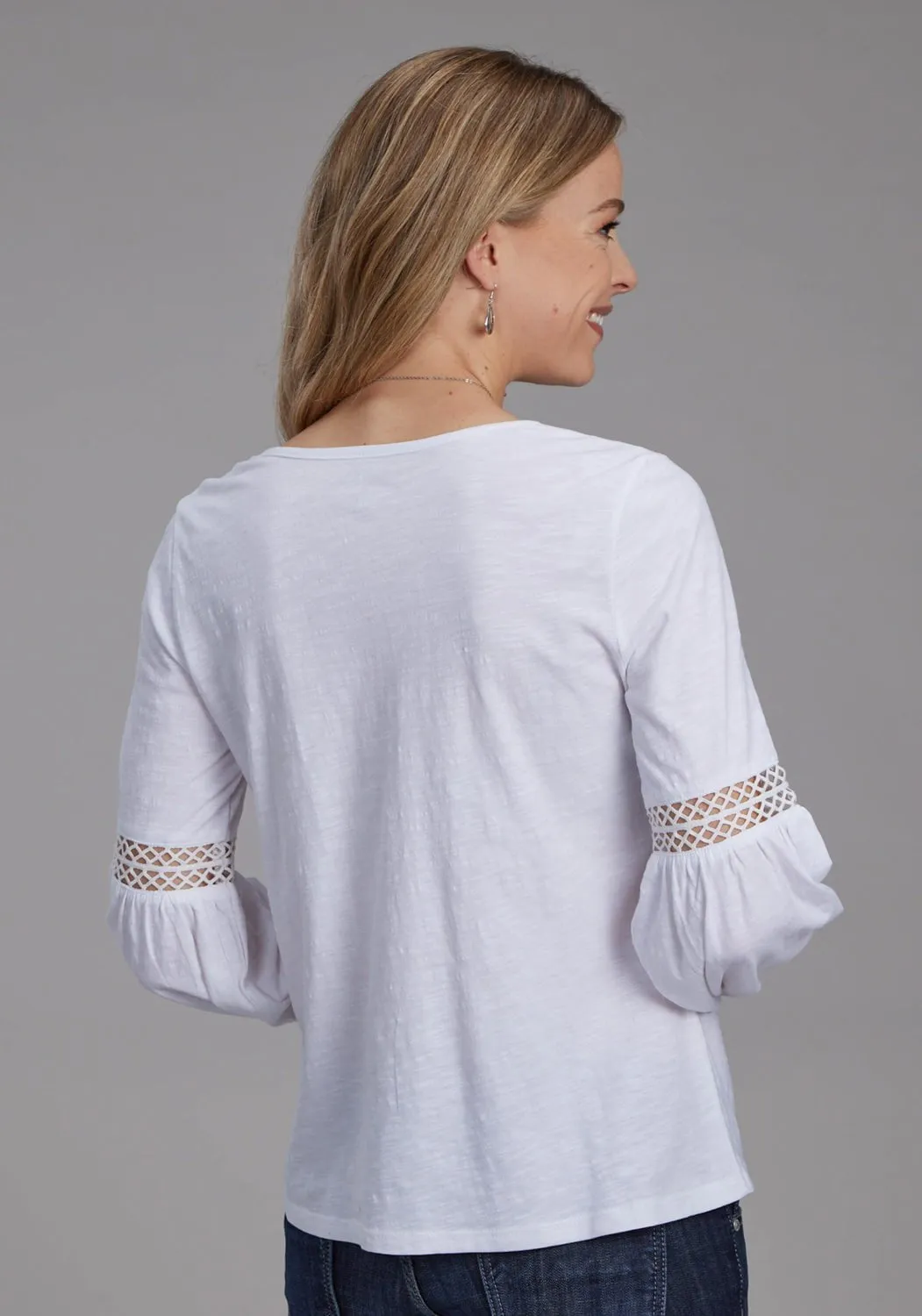 Roper Womens Crochet Bishop Sleeves White 100% Cotton L/S Blouse Subtle design Fashion staples