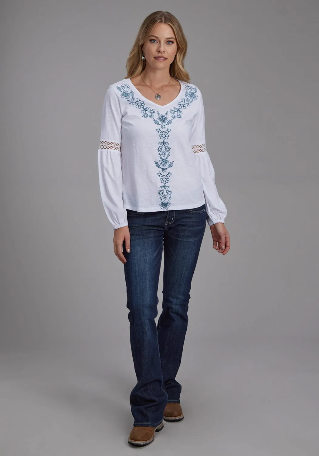 Roper Womens Crochet Bishop Sleeves White 100% Cotton L/S Blouse Classic Style fade resistant color
